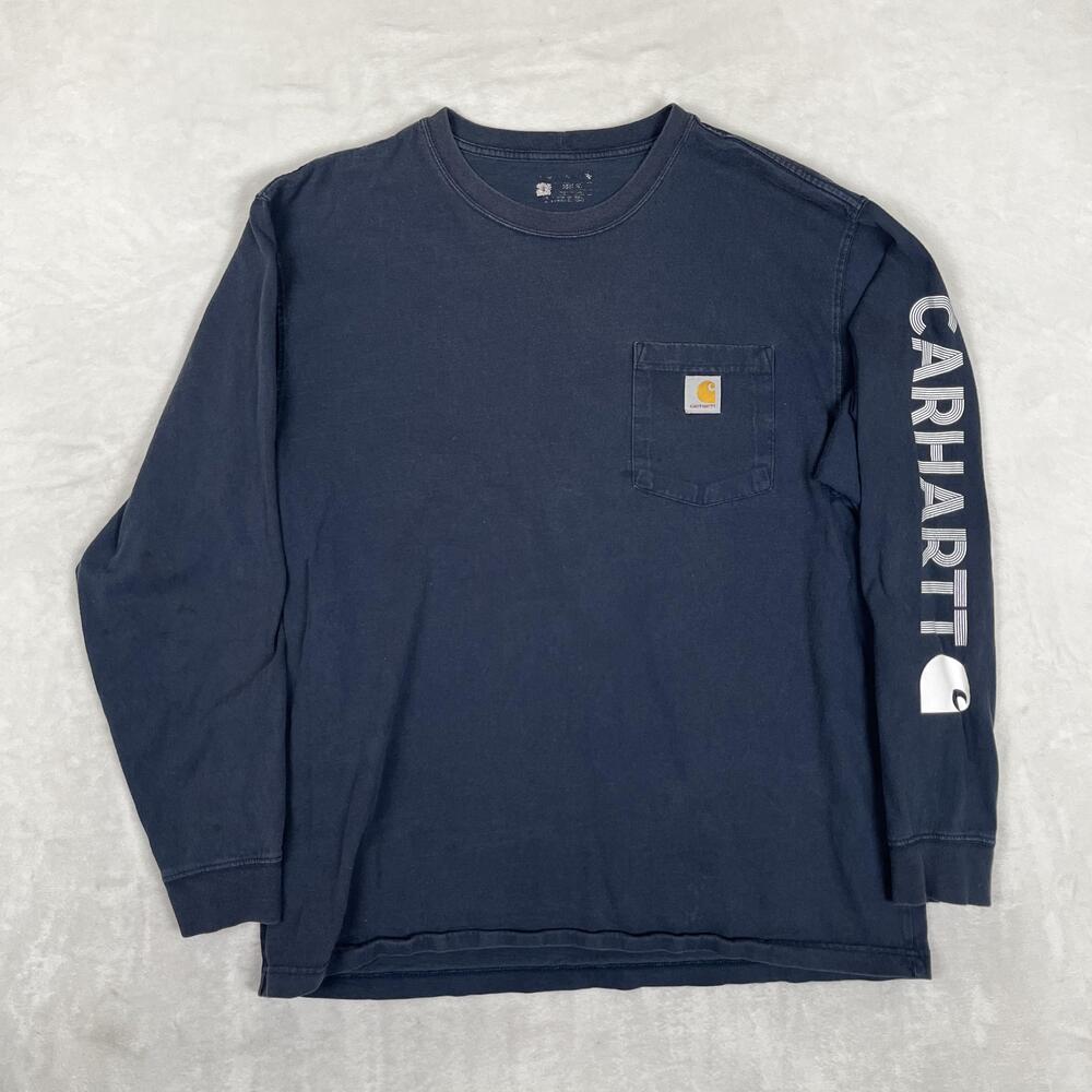 Carhartt Long Sleeve T-Shirt Mens Large Blue Pocket Logo Workwear Cotton